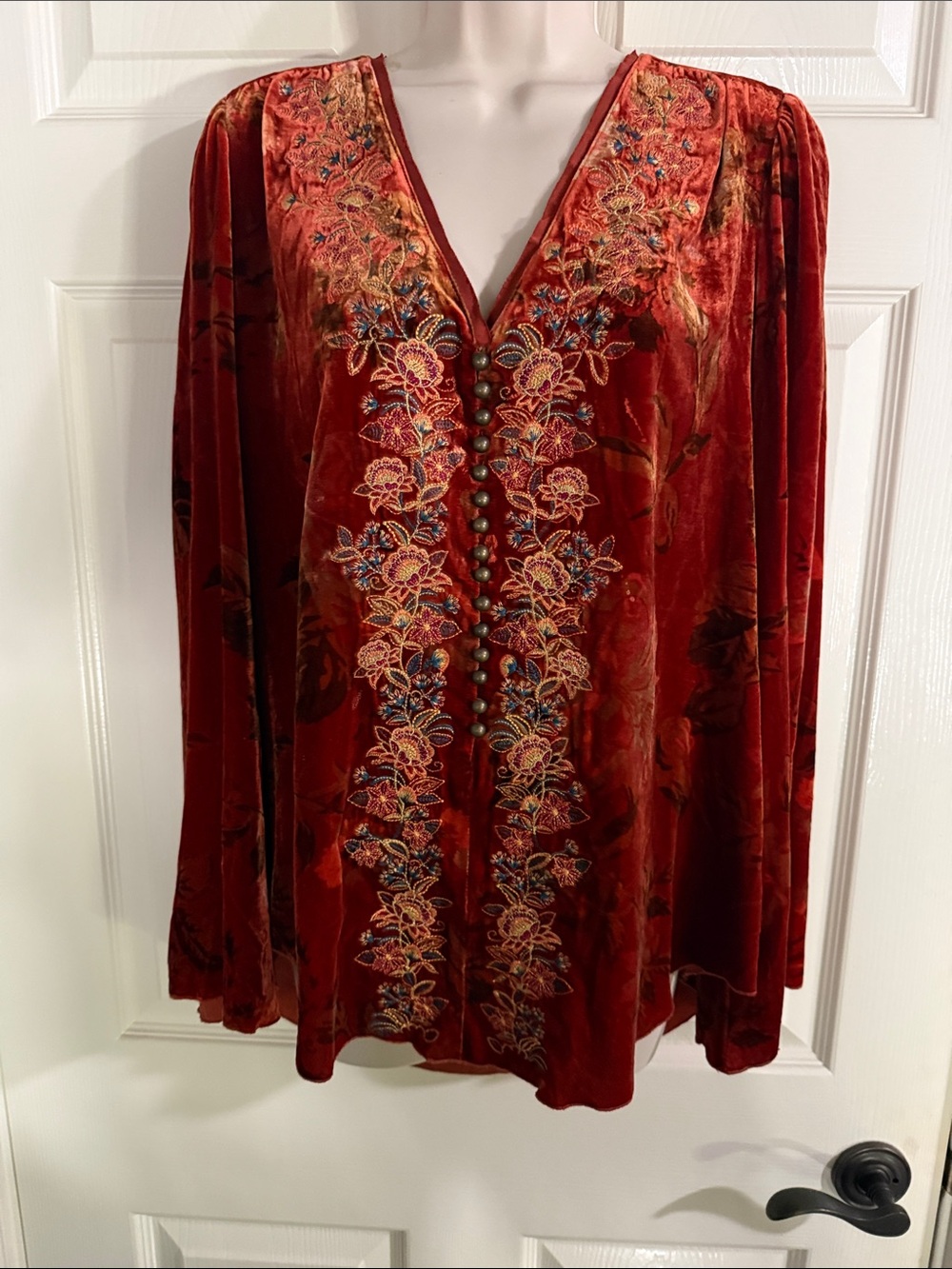 Sundance Rust Red Velvet Embroidered Button-Front Tunic
